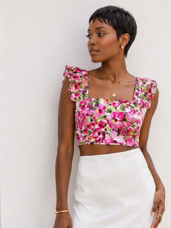 Floral Ruffle Sleeve Crop Top - Pink